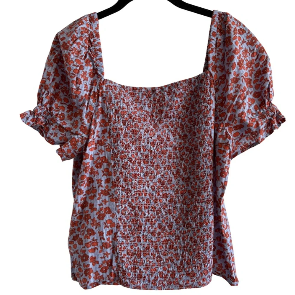 Madewell Rust Floral Square Neck Puff Sleeve Top